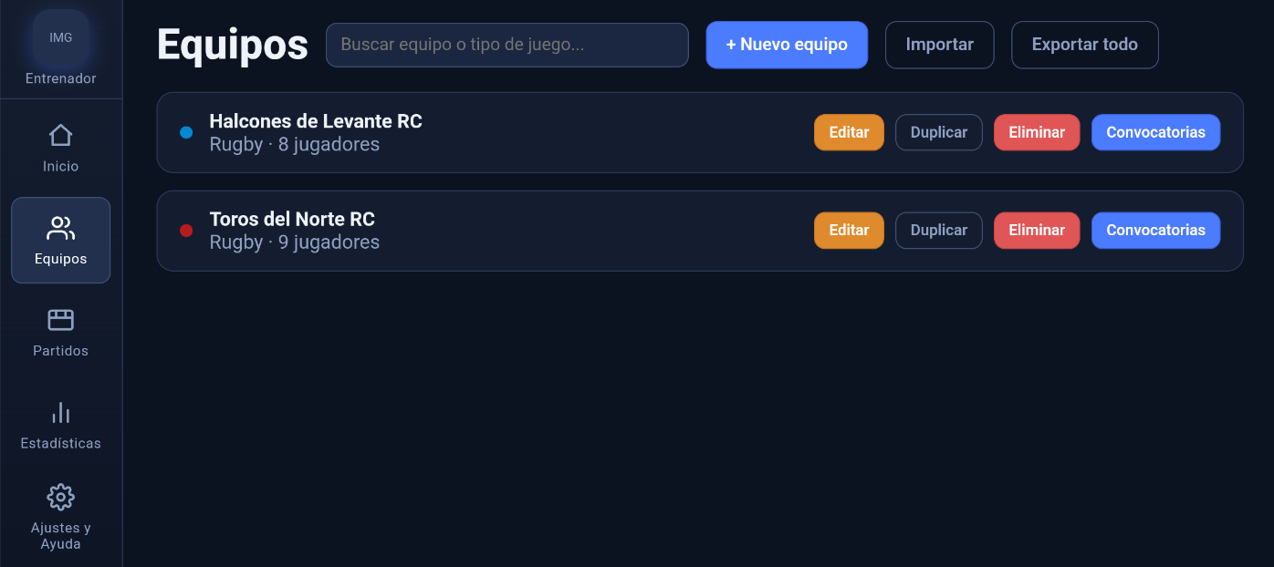 Pantalla de gestión de equipos