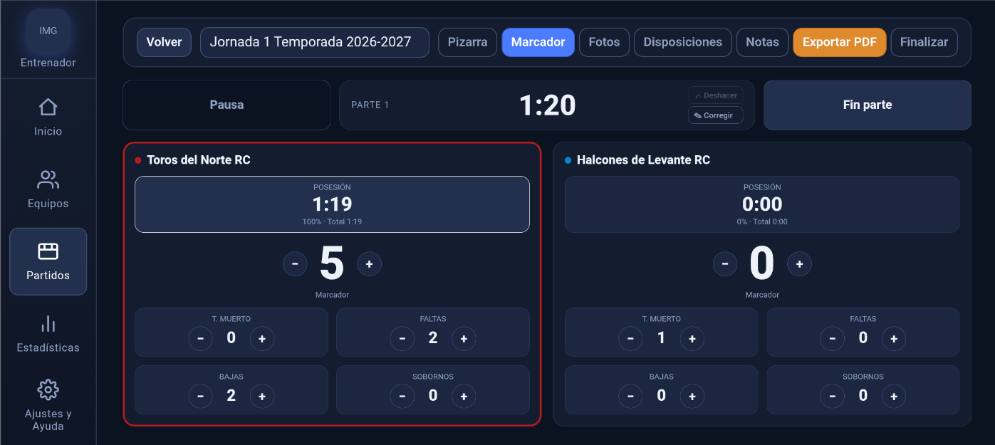 Marcador en vivo con posesión, faltas y bajas